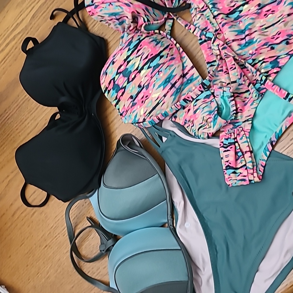 3 bikini tops and 2 coordinating bottoms